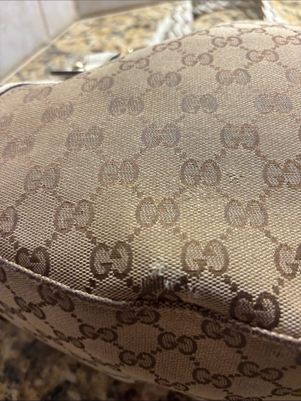 Vintage Gucci Beige Monogram Shoulder Bag with Cream Braided Handles. - Picture 7 of 13